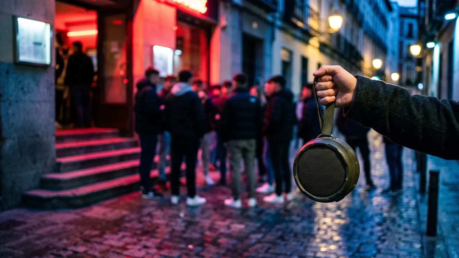 A wet cobblestone old-town street at night: a hand holds up a round portable speaker by its strap beside the red-lit steps of a restaurant entrance, with a blurred crowd of young people behind.