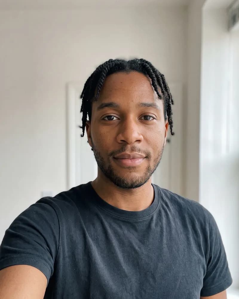 A young man with short twists and a light beard looks straight at the camera in soft window light against a plain wall.