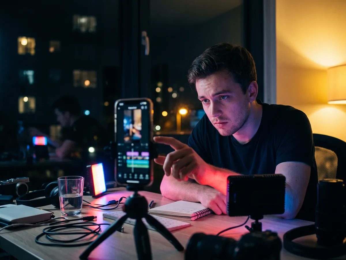 A young man at a desk at night edits a vertical video on a phone mounted on a small tripod, beside a small LED panel glowing red and blue.
