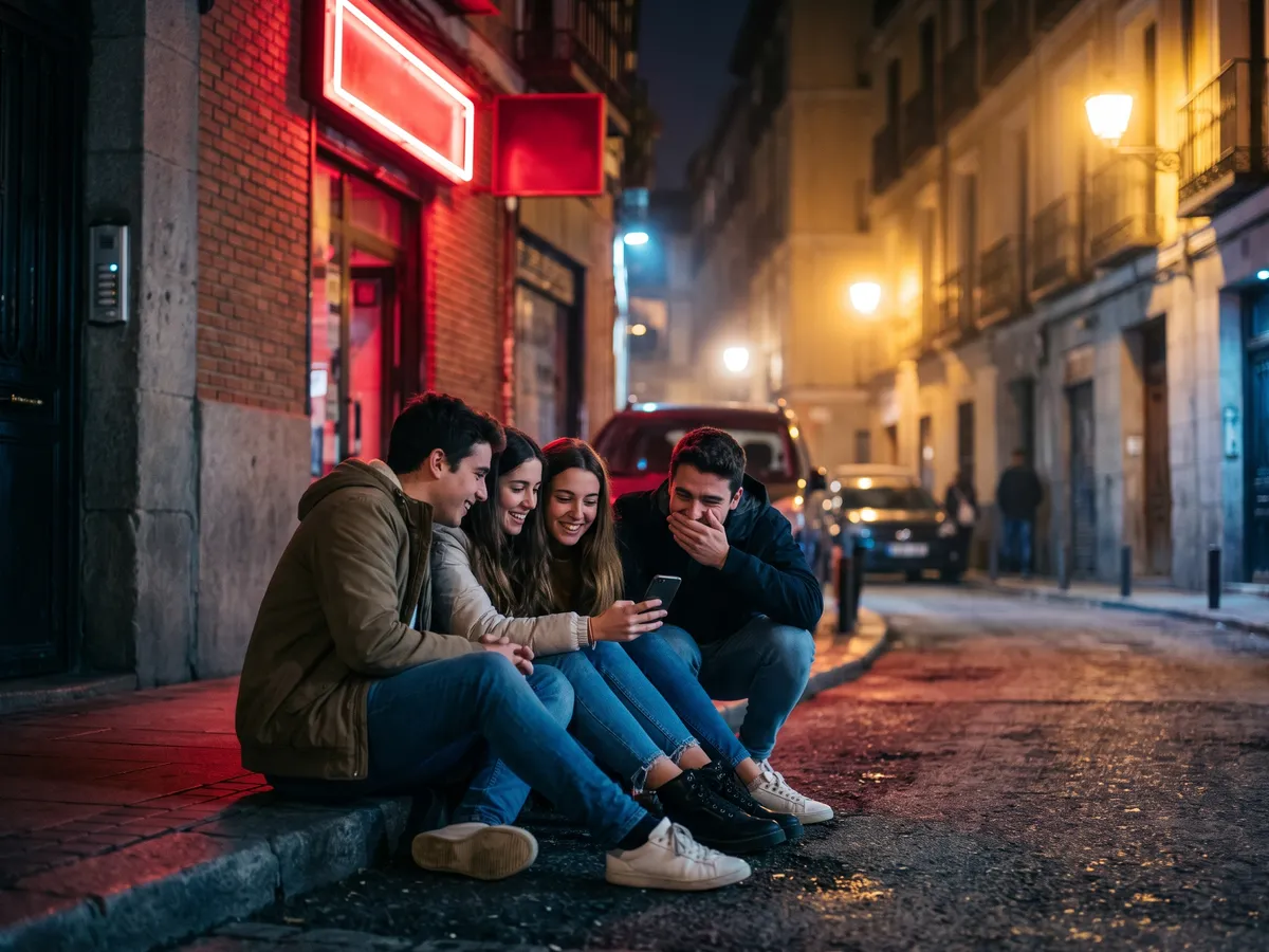 Two young men and two young women sit on a curb at night looking at one phone; one of the men covers his mouth as he laughs.