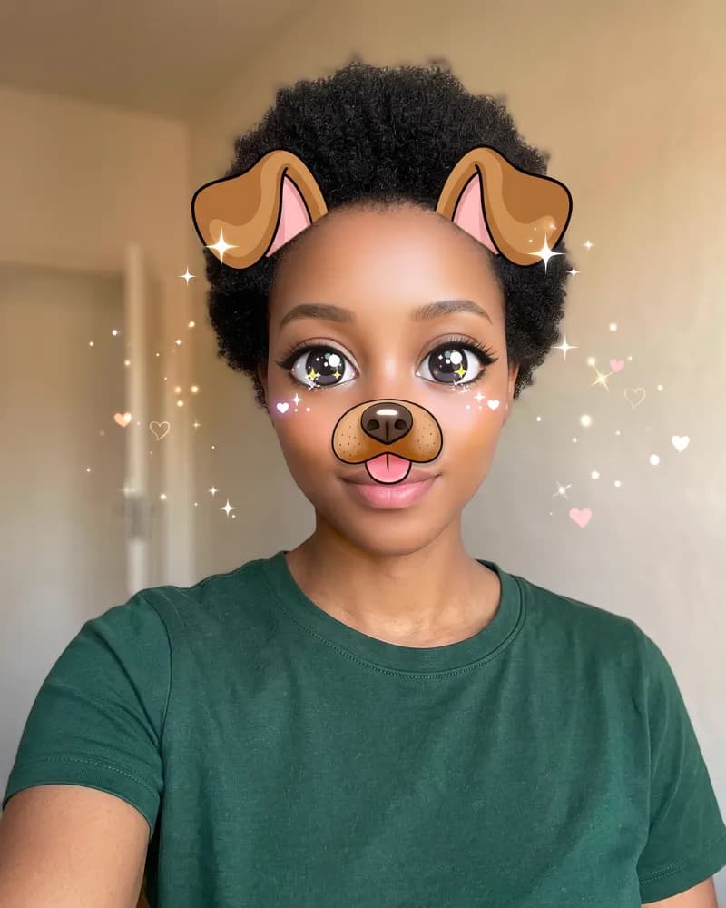 The same woman behind a cartoon beauty filter with puppy ears and nose, enlarged sparkly eyes and floating hearts.