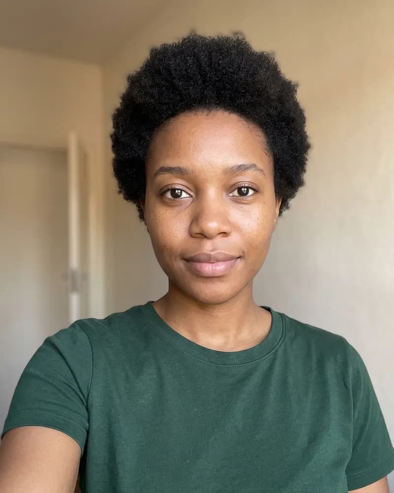 A young woman with a short afro in a green T-shirt faces the camera in soft daylight against a plain beige wall.