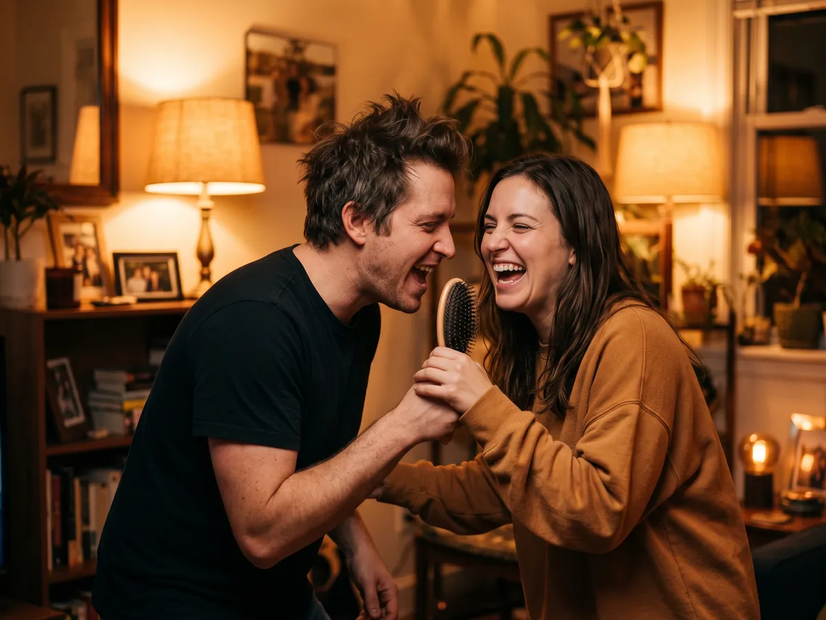 A laughing couple in their thirties sing into a hairbrush together in a living room lit by warm lamps.