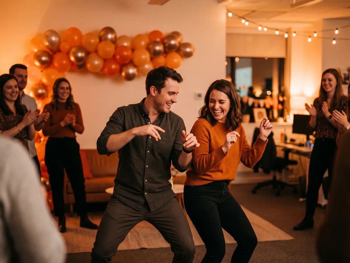Two coworkers do a matching dance move in front of a wall of orange and gold balloons while colleagues clap around them.