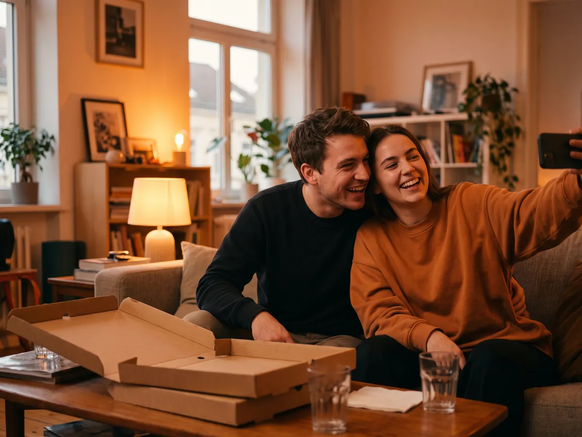 Two roommates on a couch laugh while taking a selfie at arm’s length, open pizza boxes on the coffee table in warm evening light.